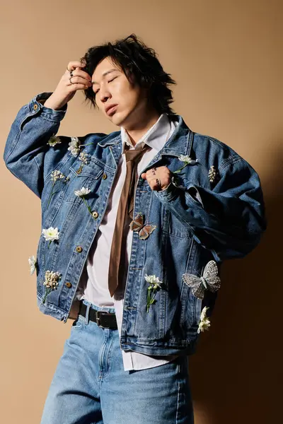 Stüdyoda şık bir adam poz veriyor, canlı çiçekler sergiliyor..