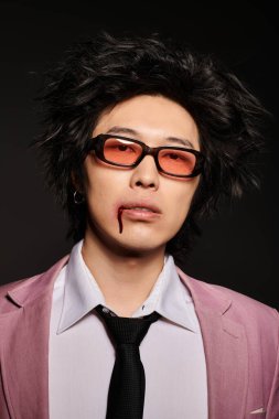 Yüzünde kan olan Asyalı bir adam şık bir stüdyoda eşsiz bir moda sergiliyor..