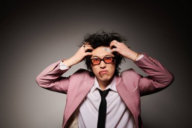 Kızgın Asyalı adam bir stüdyoda sanatsal bireyselliğini ifade ederken canlı bahar modası sergiliyor..