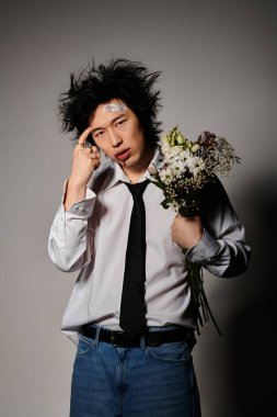 Yüzünde kan olan Asyalı bir adam şık elbiseli bir buketle poz veriyor.