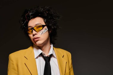 Yüzünde kan olan şık Asyalı adam bahar stüdyosunda cesur moda seçimleri sergiliyor.