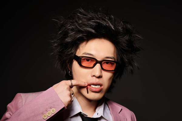 Азиатский мужчина после боя уверенно позирует в модном весеннем наряде, захватывая смелое модное заявление.