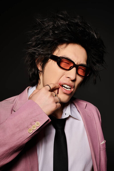 Азиат, одетый в модный весенний наряд, прикасается к окровавленному лицу после боя.