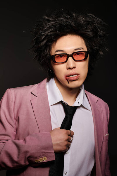 A stylish Asian man poses confidently in a vibrant outfit within a modern studio.