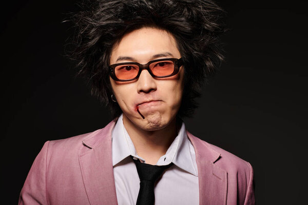 An asian man with blood on face showcases unique spring fashion with confidence in a vibrant studio atmosphere.