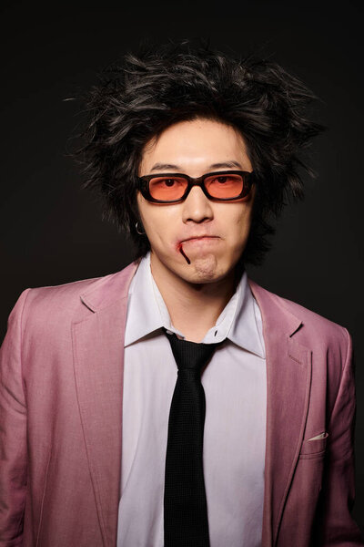 An asian man stands confidently in a stylish outfit, exuding spring fashion.