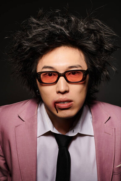 Стильный азиат после боя демонстрирует модную весеннюю моду в шикарной студии.