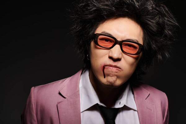 A well-dressed Asian man with blood on face showcases bold fashion choices while posing dramatically in the studio.