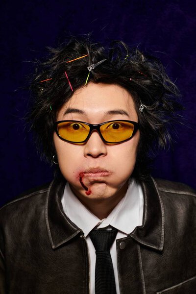 Азиат с окровавленным лицом после драки, опухший щеки