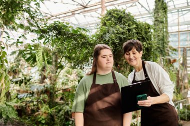 Olgun kadın, serada Down sendromlu genç meslektaşına yardım ediyor..