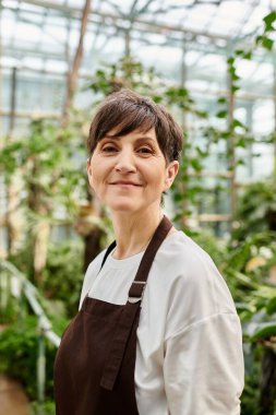 Olgun bir kadın serada yeşillik yeşertirken kendine güvenir..