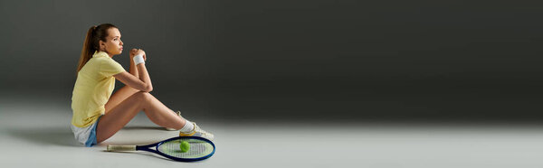 A determined young woman prepares mentally during a tennis practice, racket resting beside her, banner