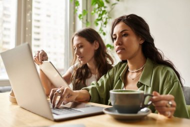 Lezbiyen bir çift laptopları üzerinde çalışırken ve kahve içerken keyifli bir kafe anı paylaşıyor..