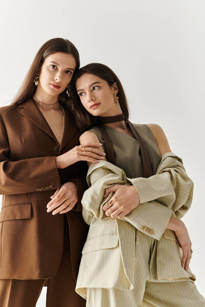 Two beautiful twin sisters demonstrate their close relationship with stylish outfits and grace.