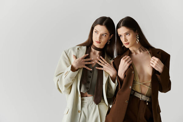 Beautiful twin sisters exude confidence and style while posing together creatively.
