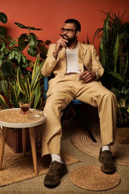 Modaya uygun yakışıklı adam, bereketli bitkilerle bezenmiş, yaz tarzını benimseyen modern bir mekanda rahatlıyor..