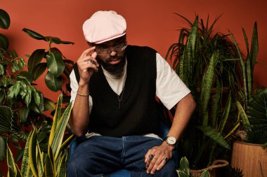 Yaz estetiği olan şık bir genç adam canlı bitkilerin arasında oturuyor, kendine güveni ve çekiciliği yayıyor..