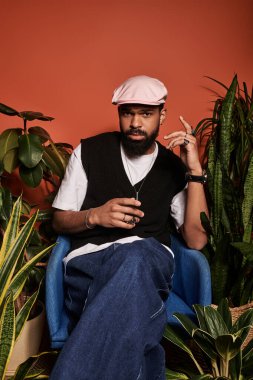 Moda kıyafetli genç adam canlı bitkilerle çevrili bir sandalyede zarif bir şekilde oturuyor..