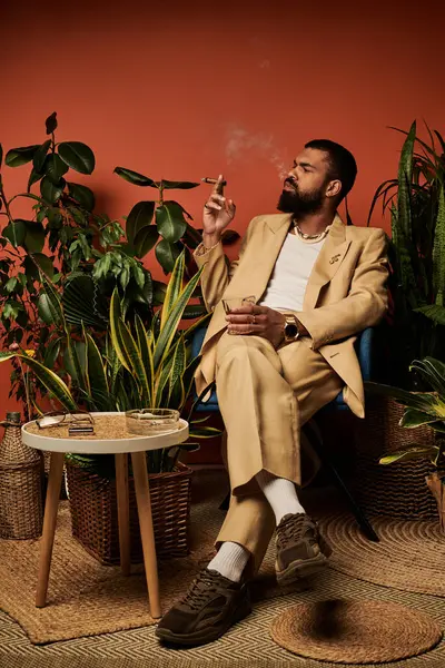 Yakışıklı adam canlı bir mekanda rahatlıyor, yeşilliğin ortasında bir sigara ve içkinin tadını çıkarıyor..