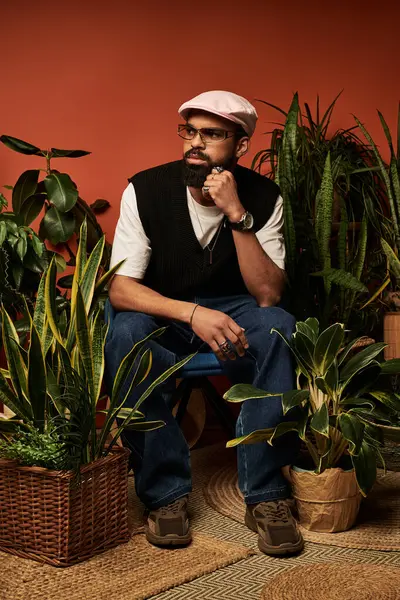 Şık bir genç adam özenle yemyeşil bitkilerin arasında poz veriyor, sıcak bir yaz havasını kucaklıyor..