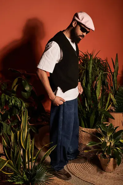 Modayı takip eden bir adam, yemyeşil bitkiler ve sıcak tonlarla çevrili eşsiz bir yaz manzarası sergiliyor..