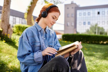 Canlı bir parkta, kızıl saçlı bir kadın çimlerin üzerinde rahatlar, kitabı ve müziğinde kaybolur..