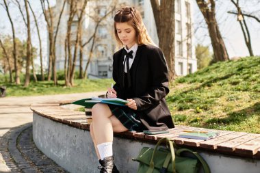 Güzel bir üniversite öğrencisi bankta oturur, çalışır ve sakin bir kampüs parkında notlar alır..