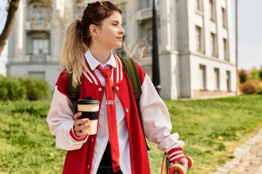 Üniversite öğrencisi elinde kahve ve kaykayla dikiliyor, üzerinde kırmızı bombacı ceketi var..