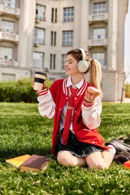 Genç öğrenci çimenlerde dinleniyor, kahvesini yudumluyor ve şık giyinmiş bir şekilde çöreğin tadını çıkarıyor..