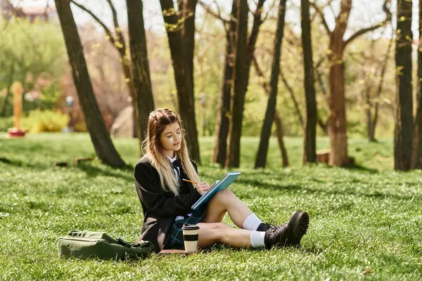 Üniforma giymiş güzel üniversiteli kız çimlerin üzerinde oturur, güneşin altında derslerine odaklanır..