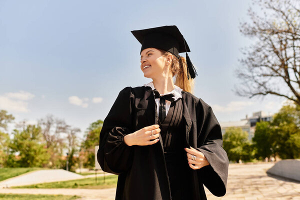 Радостный молодой человек в выпускном платье и кепке наслаждается своими достижениями на открытом воздухе под ясным небом