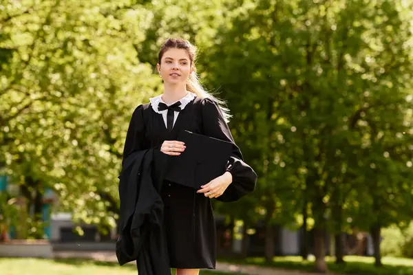 Mezuniyet elbisesi giymiş güzel bir üniversiteli kız elinde şapkası ve diplomasıyla neşeyle yürüyor..