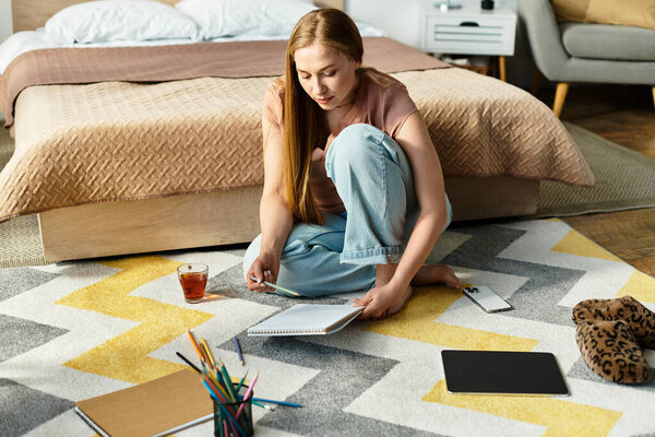 Молодая женщина наслаждается мирным днем, рисуя и записывая идеи дома.