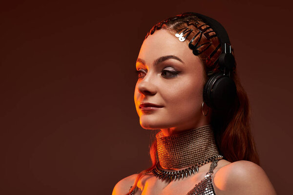 Graceful woman showcasing castle core aesthetics through unique fashion elements and accessories.