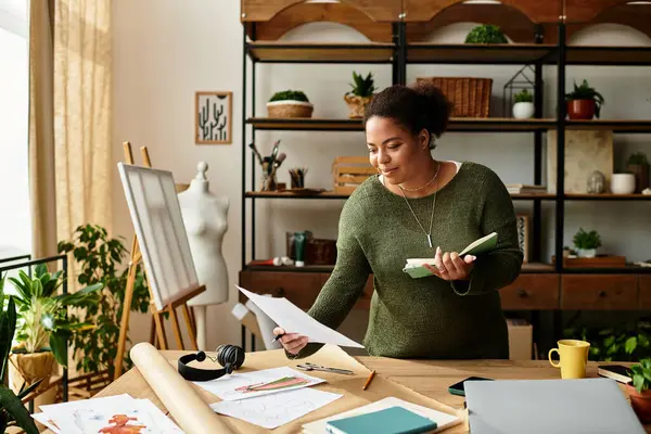 Konforlu bir atölyede, bir kadın etrafındaki canlı malzemelerle güzel sanatlar yapar..