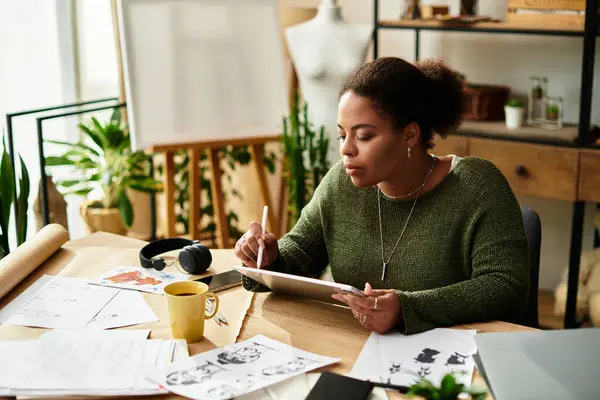 Bitkiler ve malzemelerle çevrili bir zanaat atölyesinde çizime odaklanmış bir kadın..