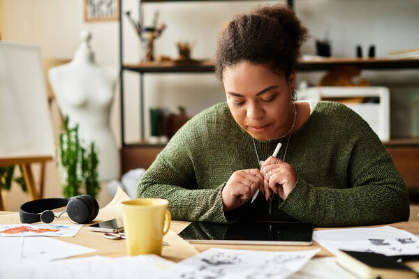 Красивая женщина глубоко сосредоточена на своем ремесле в окружении творческих материалов и дизайнов.