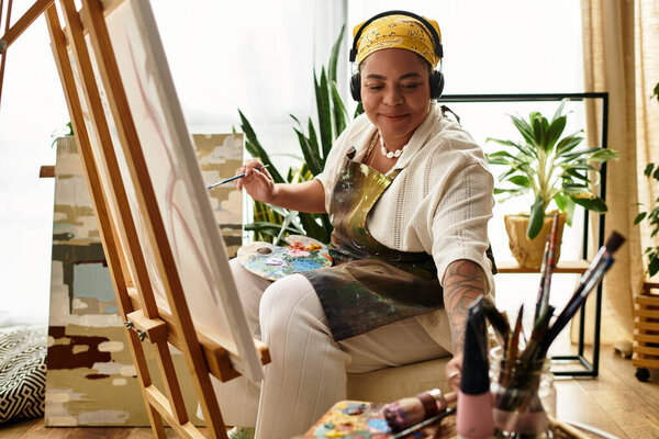 A skilled woman dives into a crafting workshop filled with colorful materials and inspiration.