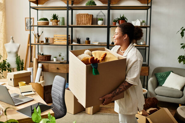 A beautiful woman joyfully arranges crafting materials in her lively workshop, ready to create.