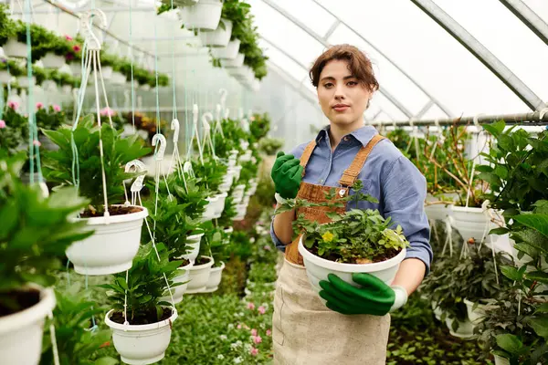 Neşeli genç bir kadın güneş ışığında serada saksı bitkilerini yetiştiriyor..