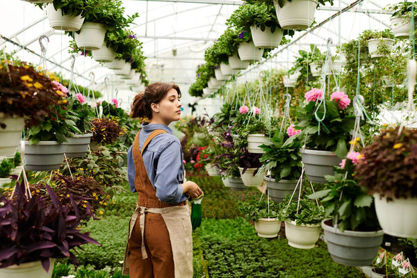A blissful gardener tends to flourishing plants in a well-lit greenhouse surrounded by nature.