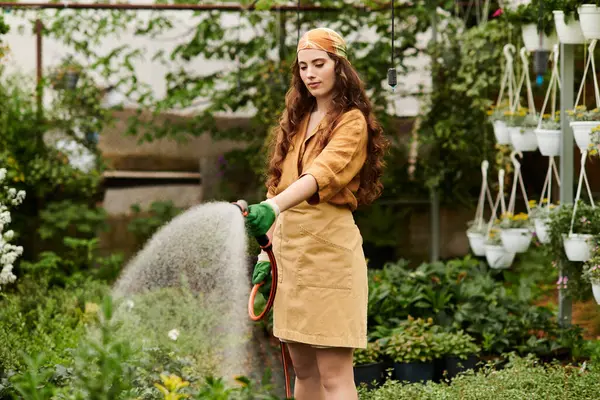 Başörtüsü takan neşeli genç bir bahçıvan yemyeşil bir serada büyüyen bitkilerini suluyor..