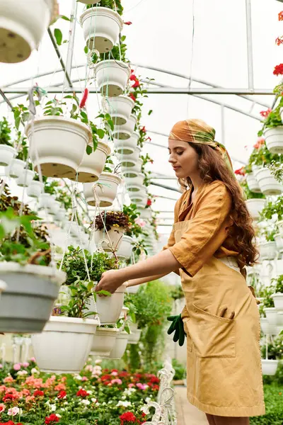 Türbanlı kendini adamış genç bir kadın canlı bir serada gelişen bitkileri besliyor..