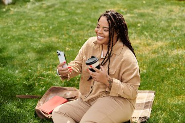 Gülümseyen bir kadın, çimlerin üzerinde kahve içerken canlı bir video görüşmesi yapar..