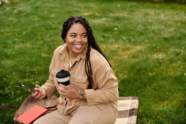 Üniversite öğretmeni çimenli bir alanda rahatlar, kahvenin tadını çıkarır ve gülümserken telefonunu kullanır..