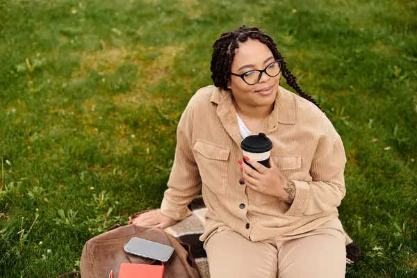 Bardaklı kadın çimenlerde oturur, etrafı kitaplarla çevrili bir şekilde kahvesini yudumlar ve bir laptop çantası taşır.