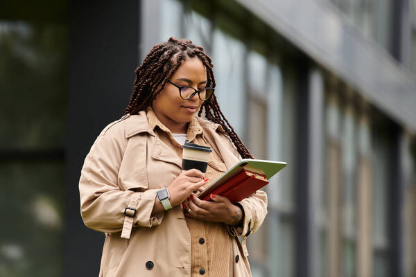 A dedicated university teacher reviews notes and prepares materials outdoors by the campus.