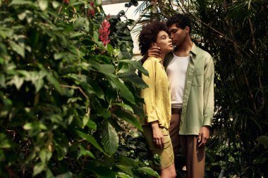 Genç bir çift, canlı bitkilerin arasında derin bir aşk yaşıyor. Huzurlu bir romantik atmosfer yaratıyorlar..