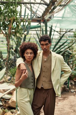 Genç çift, seradaki yemyeşil bitkilerin arasında hassas bir anı paylaşıyor..