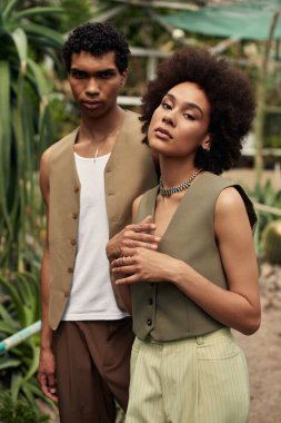 Genç bir çift, serada çeşitli bitkilerle çevrili bir aşk anını paylaşıyor..